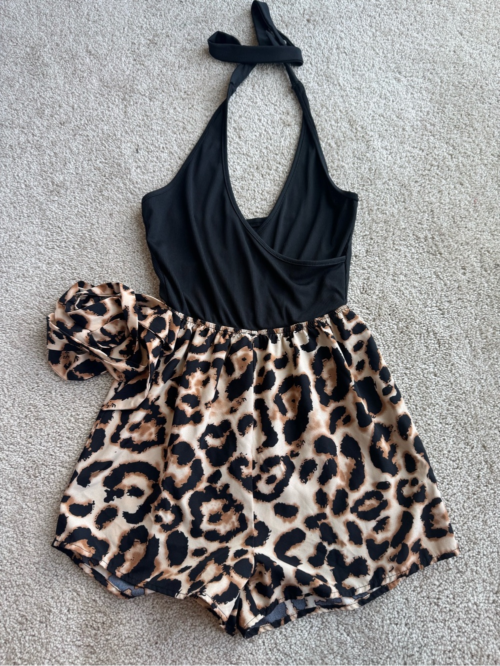 Black Halter Romper with Leopard Print Shorts